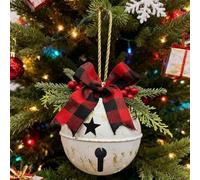 For Festive Metal Jingle Bells Ornament for Christmas Decor with Holly Berry Design and Checkered Bow, for Hanging on Trees or Doors (white)