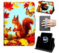 for Fire 7 Tablet Case (12th Generation, 2022 Release) 360 Rotating Degree Stand Auto Wake/Sleep Protective Cover with Hand Strap & Magnetic Clasp - Red Squirrel and Maple Leaves