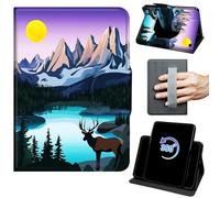 for Fire 7 Tablet Case (12th Generation, 2022 Release) 360 Rotating Degree Stand Auto Wake/Sleep Protective Cover with Hand Strap & Magnetic Clasp - Mountain Forest Deer Moon