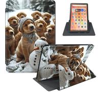 for Fire HD 10 Tablet (9th/7th/5th Generation, 2019/2017/2015 Release), 360° Rotating PU Leather Stand Cover with Auto Sleep/Wake, Multi-Angle Viewing, Puppies and Snowman