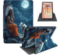 for Fire HD 10 Tablet (9th/7th/5th Generation, 2019/2017/2015 Release), 360° Rotating PU Leather Stand Cover with Auto Sleep/Wake, Multi-Angle Viewing, Native American and Wolf
