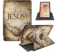 for Fire HD 10 Tablet (9th/7th/5th Generation, 2019/2017/2015 Release), 360° Rotating PU Leather Stand Cover with Auto Sleep/Wake, Multi-Angle Viewing, Hand with Jesus Message