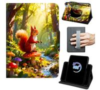 for Fire HD 10 Tablet Case (9th/7th/5th Generation 2019/2017/2015 Release) 360 Rotating Degree Stand Auto Wake/Sleep Protective Cover with Hand Strap & Magnetic Clasp - Red Squirrel Mushroom in Forest