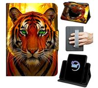 for Fire HD 10 Tablet Case (9th/7th/5th Generation 2019/2017/2015 Release) 360 Rotating Degree Stand Auto Wake/Sleep Protective Cover with Hand Strap & Magnetic Clasp - Orange Tiger with Green Eyes