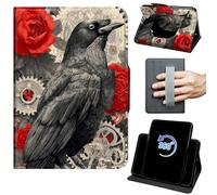for Fire HD 8 & 8 Plus Tablet Case 12th/10th Generation 2024/2022/2020 Release 360 Rotating Degree Stand Auto Wake/Sleep Protective Cover with Hand Strap & Magnetic Clasp - Roses Flowers and Crow
