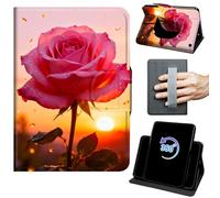 for Fire HD 8 & 8 Plus Tablet Case 12th/10th Generation 2024/2022/2020 Release 360 Rotating Degree Stand Auto Wake/Sleep Protective Cover with Hand Strap & Magnetic Clasp - Pink Rose Flowers at Sunset