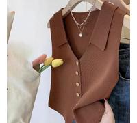 For French Style Single Breasted Sleeveless Vest for Womens for Slim Fit Knitted Top Suitable for Spring Summer Autumn (Coffee)
