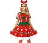 For G and PL Christmas Women's Knee-Long Swing Funny Printed Short Sleeve Elf Santas Party Dress Red Green XXL
