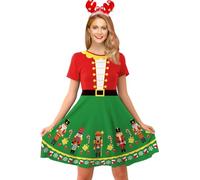 For G and PL Christmas Women's Xmas Loose Fit Elf Santas Party Funny Printed Short Sleeve Dress Red Green XXL
