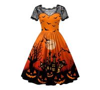 For G and PL Halloween Costume Women's Lace Collar Short Sleeve Party Midi Dress Cocktail Dress Knee-Length S-XXL, Orange/Moon-a, S