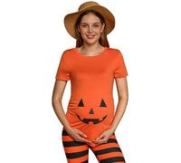 For G and PL Halloween Womens Short Sleeves Fancy Tops Spooky Pregnancy Skeleton Maternity T Shirt Orange Pumpkin Carved Face S