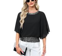 For G and PL Lady Dressy Sparkle Formal Sequin Shirt Beaded Double Layered Bling Tunic Black XL