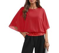 For G and PL Women Dressy Wedding Sparkly Sequin Top Elegant Batwing Cape Dolman Sleeves Chiffon Blouse Red XXL