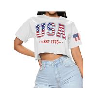 For G and PL Women's 4th of July American Flag Crop Top USA Stars and Stripes Memorial Day Short Sleeve Tee Shirts, Usa Flag White, S
