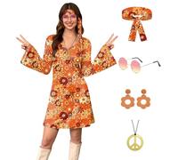 For G and PL Women's 5 Pcs Summer Flare Sleeve Hippie 60s 70s Costume Groovy Retro Dress Orange Floral L