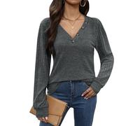 For G and PL Women's Fall Casual V Neck Button Shirt Puff Sleeve Ribbed Knit Tunic Top, Dark Grey-45, XL
