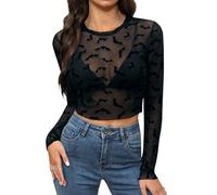 For G and PL Women's Halloween Crew Neck Long Sleeve Shirt See Through Sheer Mesh Crop Top, Bat, L