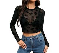 For G and PL Women's Halloween Crew Neck Long Sleeve Shirt See Through Sheer Mesh Crop Top, Skull, L