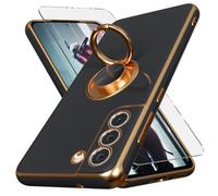 for Galaxy S21 FE Case,+Screen Protector,with Magnetic Kickstand,Built-in 360° Rotation Ring Holder,Plating Gold Edge Slim Soft TPU Shockproof Protective Case for Samsung Galaxy S21 FE (Black)