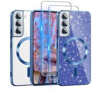 For Galaxy S22 Case Compatible with MagSafe, [Glitter Card & 2PCS HD Screen Protectors] Cute Bling Sparkly [Never Yellowing], Slim Shockproof Anti-Scratch Soft Clear Case for Samsung Galaxy S22-Blue