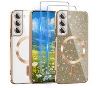 for Galaxy S22 Plus Case Compatible with MagSafe, [Glitter Card & 2PCS HD Screen Protectors] Cute Bling Sparkly [Never Yellowing], Slim Shockproof Anti-Scratch Soft Clear Case for Women, S22 Plus-Gold