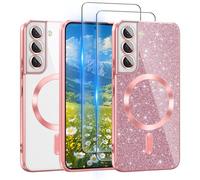 For Galaxy S22 Plus Case Compatible with MagSafe, [Glitter Card & 2PCS HD Screen Protectors] Cute Bling Sparkly [Never Yellowing], Slim Shockproof Anti-Scratch Soft Clear Case for Women,S22 Plus- Pink