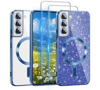 for Galaxy S22 Plus Case Compatible with MagSafe, [Glitter Card & 2PCS HD Screen Protectors] Cute Bling Sparkly [Never Yellowing], Slim Shockproof Anti-Scratch Soft Clear Case for Girl,S22 Plus-Blue