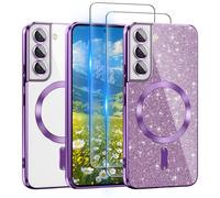 for Galaxy S22 Plus Case Compatible with MagSafe, [Glitter Card & 2PCS HD Screen Protectors] Cute Bling Sparkly [Never Yellowing], Slim Shockproof Anti-Scratch Soft Clear Case for Girl,S22 Plus Purple
