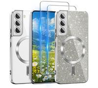 for Galaxy S22 Plus Case Compatible with MagSafe, [Glitter Card & 2PCS HD Screen Protectors] Cute Bling Sparkly [Never Yellowing], Slim Shockproof Anti-Scratch Soft Clear Case for Girl,S22 Plus-Silver