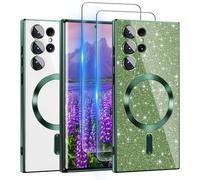 for Galaxy S22 Ultra Case Compatible with MagSafe, [Glitter Card & 2PCS HD Screen Protectors] Cute Bling Sparkly [Never Yellowing], Slim Shockproof Anti-Scratch Soft Clear Case for Girl,S22Ultra-Green