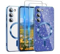 for Galaxy S23+ Plus Case Compatible with MagSafe, [Glitter Card & 2PCS HD Screen Protectors] Cute Bling Sparkly [Never Yellowing], Slim Shockproof Anti-Scratch Soft Clear Case for Women, S23+ Blue