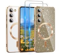 for Galaxy S23+ Plus Case Compatible with MagSafe, [Glitter Card & 2PCS HD Screen Protectors] Cute Bling Sparkly [Never Yellowing], Slim Shockproof Anti-Scratch Soft Clear Case for Girl, S23 Plus Gold