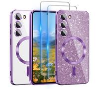 For Galaxy S23+ Plus Case Compatible with MagSafe, [Glitter Card & 2PCS HD Screen Protectors] Cute Bling Sparkly [Never Yellowing], Slim Shockproof Anti-Scratch Soft Clear Case for Women, S23+ Purple