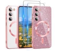 For Galaxy S23+ Plus Case Compatible with MagSafe, [Glitter Card & 2PCS HD Screen Protectors] Cute Bling Sparkly [Never Yellowing], Slim Shockproof Anti-Scratch Soft Clear Case for Women,S23 Plus Pink