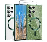 for Galaxy S23 Ultra Case Compatible with MagSafe, [Glitter Card & 2PCS HD Screen Protectors] Cute Bling Sparkly [Never Yellowing],Slim Shockproof Anti-Scratch Soft Clear Case for Girl,S23 Ultra Green
