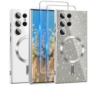 For Galaxy S23 Ultra Case Compatible with MagSafe [Glitter Card & 2PCS HD Screen Protectors] Cute Bling Sparkly [Never Yellowing] Slim Shockproof Anti-Scratch Soft Clear Case for S23 Ultra- Silver