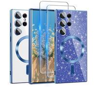 for Galaxy S23 Ultra Case Compatible with MagSafe, [Glitter Card & 2PCS HD Screen Protectors] Cute Bling Sparkly [Never Yellowing],Slim Shockproof Anti-Scratch Soft Clear Case for Girl,S23 Ultra Blue