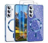 for Galaxy S26 Plus Case Compatible with MagSafe, [Glitter Card & 2PCS HD Screen Protectors] Cute Bling Sparkly [Never Yellowing], Slim Shockproof Anti-Scratch Soft Clear Case for Girl,S26 Plus-Blue