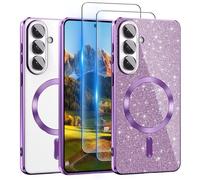 for Galaxy S26 Plus Case Compatible with MagSafe, [Glitter Card & 2PCS HD Screen Protectors] Cute Bling Sparkly [Never Yellowing], Slim Shockproof Anti-Scratch Soft Clear Case for Girl,S26 Plus Purple