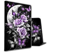 for Galaxy Tab S10 Plus/S9 FE Plus/S9 Plus Tablet 12.4" PU Leather Shockproof Stand Protective Cover with Auto Sleep/Wake for Samsung Tab S9 Plus/S9 FE Plus/S10 Plus,Purple Roses Butterflies Moon