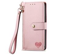 For Google Pixel 10a Zipper Case Love Heart, Shockproof 7 Card Slots RFID Blocking Leather Flip Wallet Handbag Zip Pocket Phone Cover Light Weight Purse for Google Pixel 10a Pink
