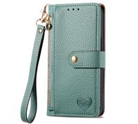 For Google Pixel 10a Zipper Case Love Heart, Shockproof 7 Card Slots RFID Blocking Leather Flip Wallet Handbag Zip Pocket Phone Cover Light Weight Purse for Google Pixel 10a Green