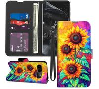 for Google Pixel 11 Pro Case Wallet with Screen Protector, Stand PU Leather Flip Folio Cover with Card Holder, Full-Body Protection Phone Case, Three Sunflowers