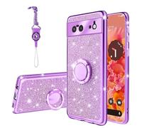 for Google Pixel 6 Case, Pixel 6 Phone Case for Women Glitter Crystal Soft Stylish Clear TPU Luxury Cute Protective Cover with Kickstand Strap for Google Pixel 6 (2021) (Glitter Purple)