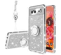 for Google Pixel 6 Case, Pixel 6 Phone Case for Women Glitter Crystal Soft Stylish Clear TPU Luxury Cute Protective Cover with Kickstand Strap for Google Pixel 6 (2021) (Glitter Silver)