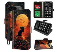 for Google Pixel 9 6.3'' Wallet Case with RFID Blocking, 4 Card Holders, Kickstand, Wrist Strap - Magnetic PU Leather Flip Phone Case Protective Cover for Women & Men, Halloween,Lonely Black Cat