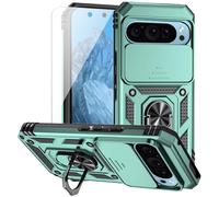 for Google Pixel 9 / Pixel 9 Pro Case with Camera Lens Cover HD Screen Protector, Dual Layer Military-Grade Tested Magnetic Ring Holder Kickstand Protective Phone Case for Pixel 9/9 Pro (Dark Green)