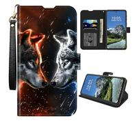 for Google Pixel 9 Pro XL Wallet Case with Credit Card Holder and Wrist Strap PU Leather Magnetic Shockproof Kickstand Protective Cover for Pixel 9 Pro XL,Red and Blue Wolf