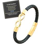 For Grandson - Grandmother and Grandson A link That Can Never Be Undone Braided Bracelet, Stainless Steel Infinity Leather Bracelets Motivational Birthday Grandsons Gift from Grandma (Gold, 21CM)