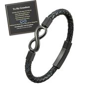 For Grandson - Grandmother and Grandson A link That Can Never Be Undone Braided Bracelet, Stainless Steel Infinity Leather Bracelets Motivational Birthday Grandsons Gift from Grandma (Black, 19CM)